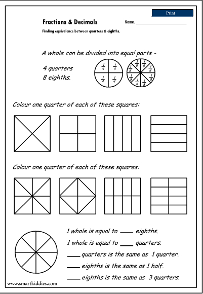 3 fractions shading year skills eighths, and  quarters Equivalence Mathematics