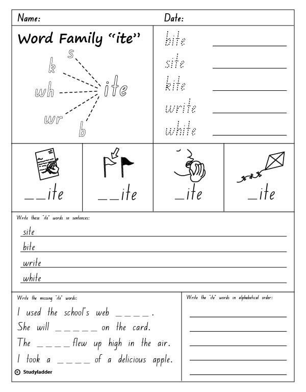 Word Family "ite", English skills online, interactive activity lessons