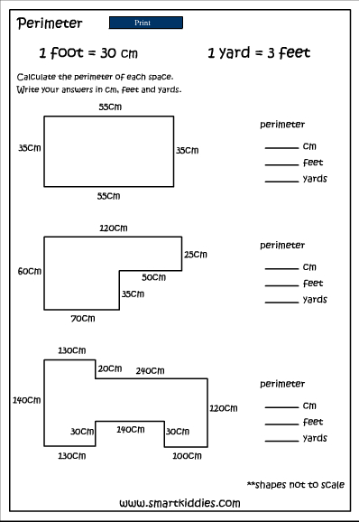 Perimeter using centimeters, feet and yards, Mathematics skills online ...