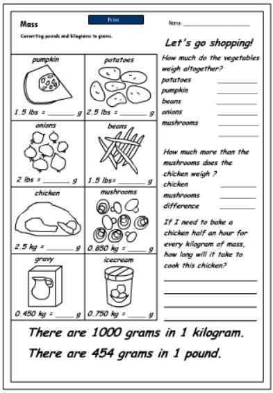 ... pounds to grams, mathematics Printable, Mass Convert pounds to grams